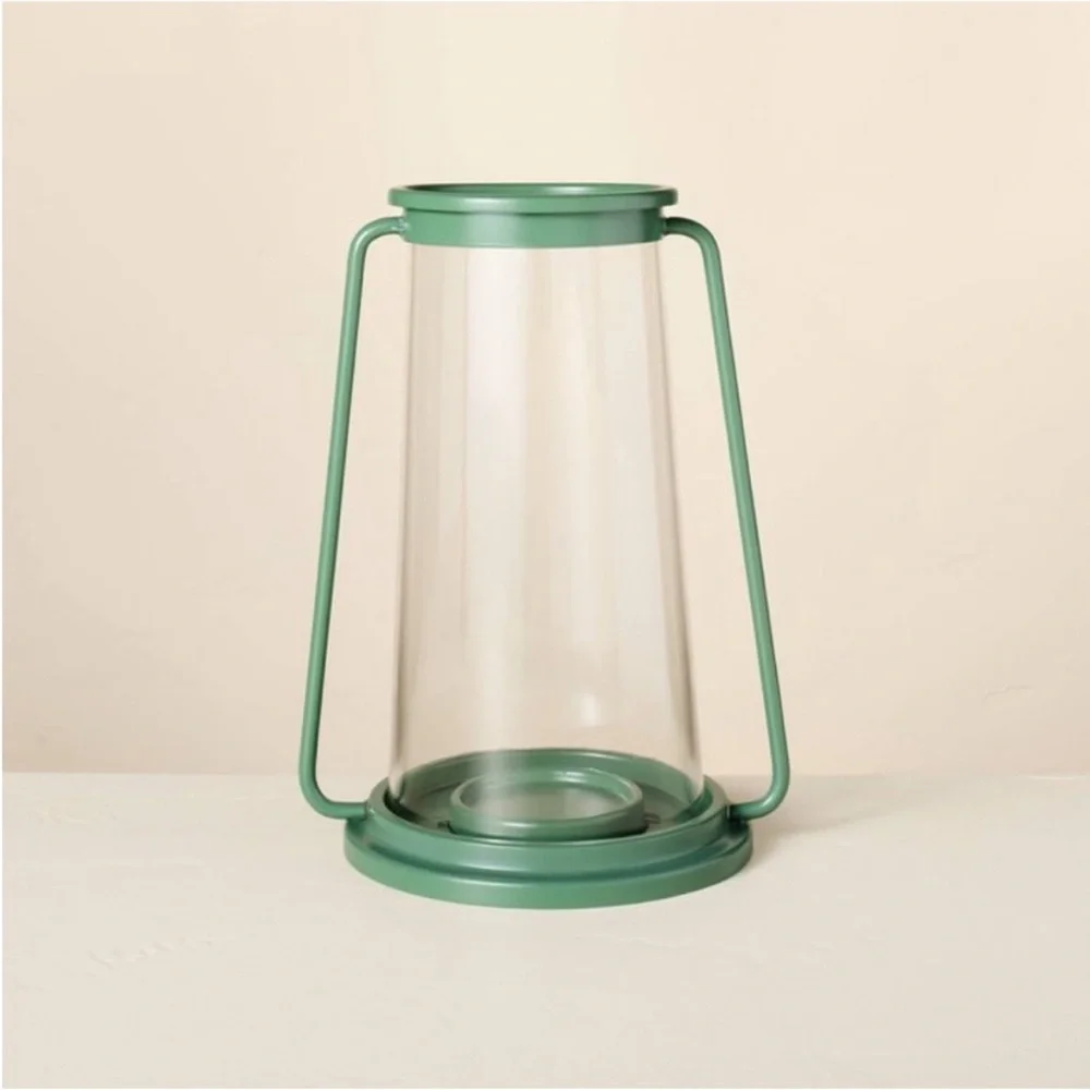 Hearth & Hand Large Pillar Glass & Metal Hurricane Candle Lantern Dark Green NWT